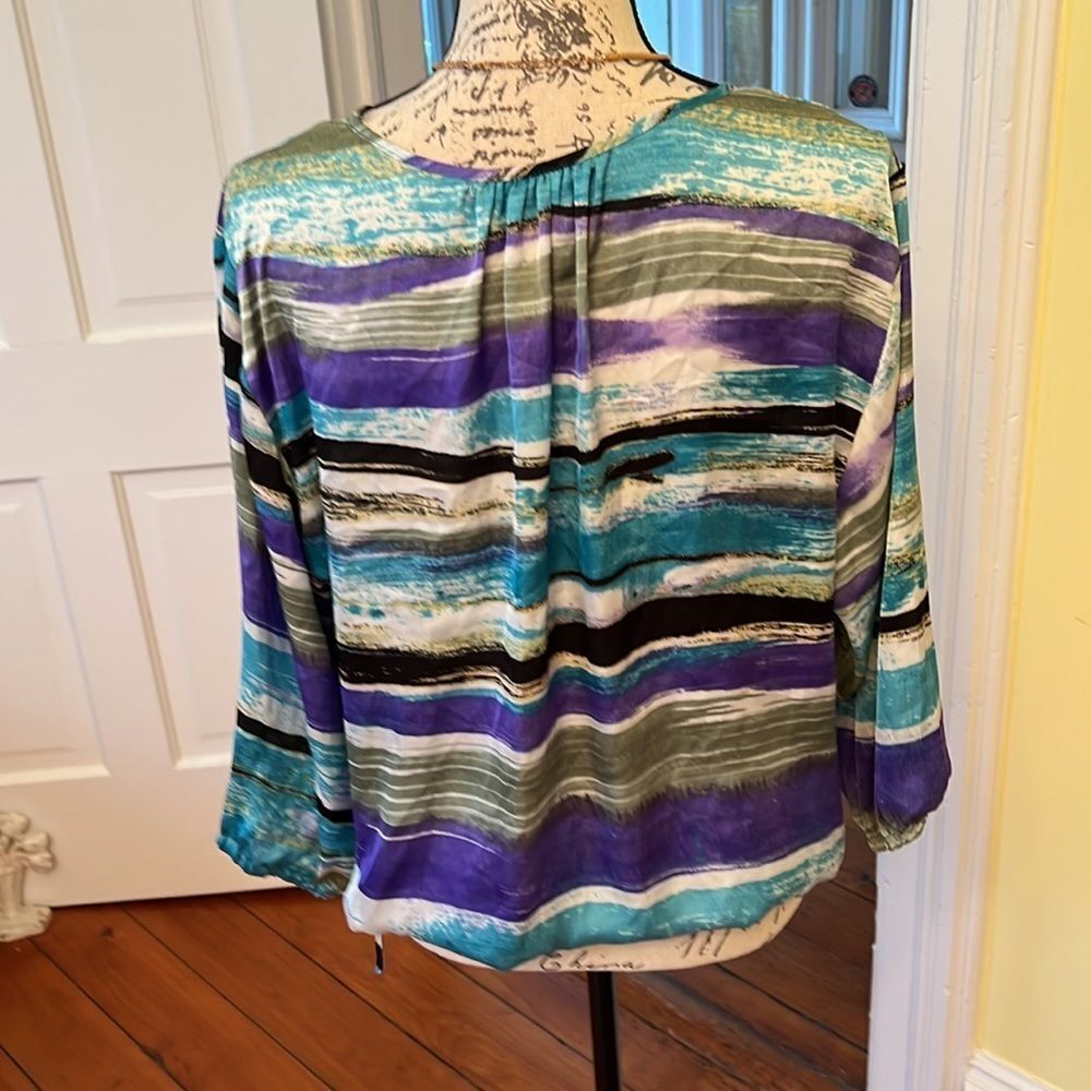Zac & Rachel Abstract Stripes Satiny Blouson Top Sz L EUC - Picture 10 of 10